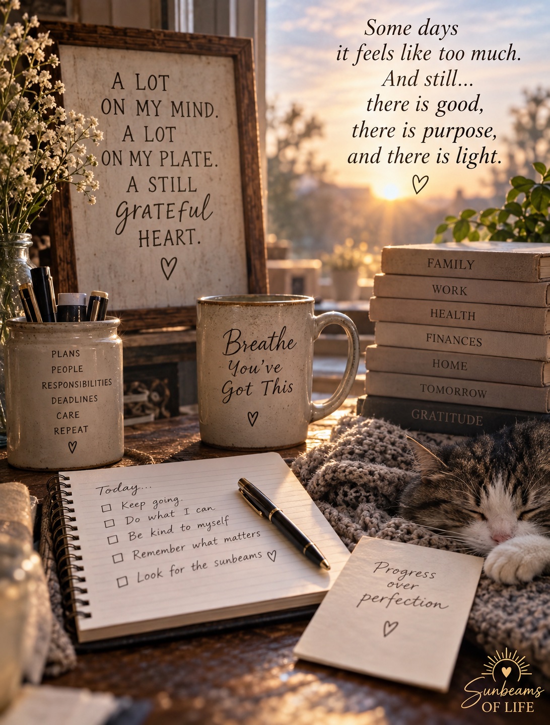 A warm sunlit table with a grateful heart message, stacked books about family, work, health, finances, home, tomorrow, and gratitude, a notebook, and a sleeping cat