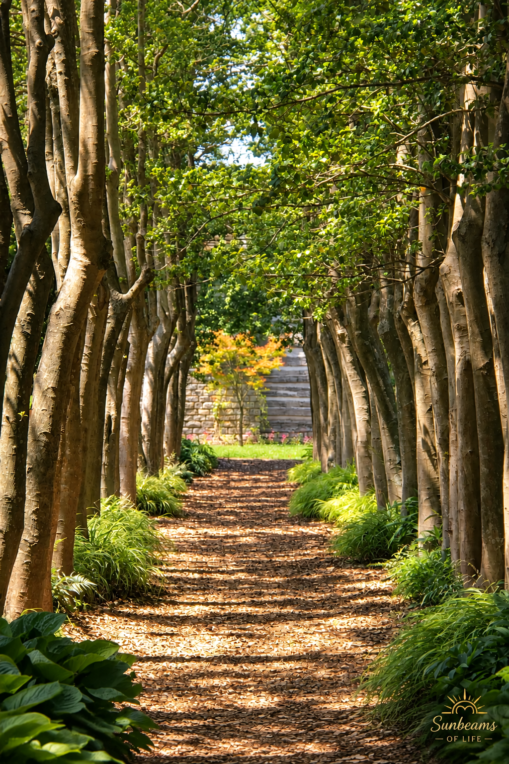 A quiet tree-lined path beneath a leafy canopy, with sunlight filtering through the trees.