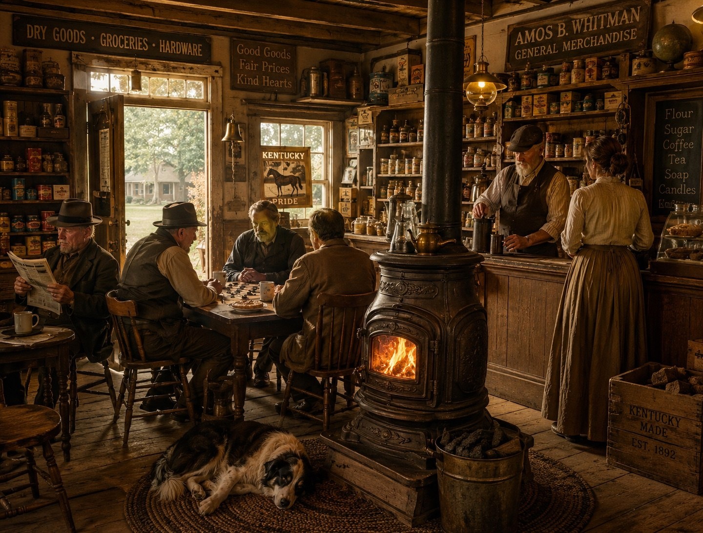 Neighbors gathered around a wood stove inside an old Kentucky general store.