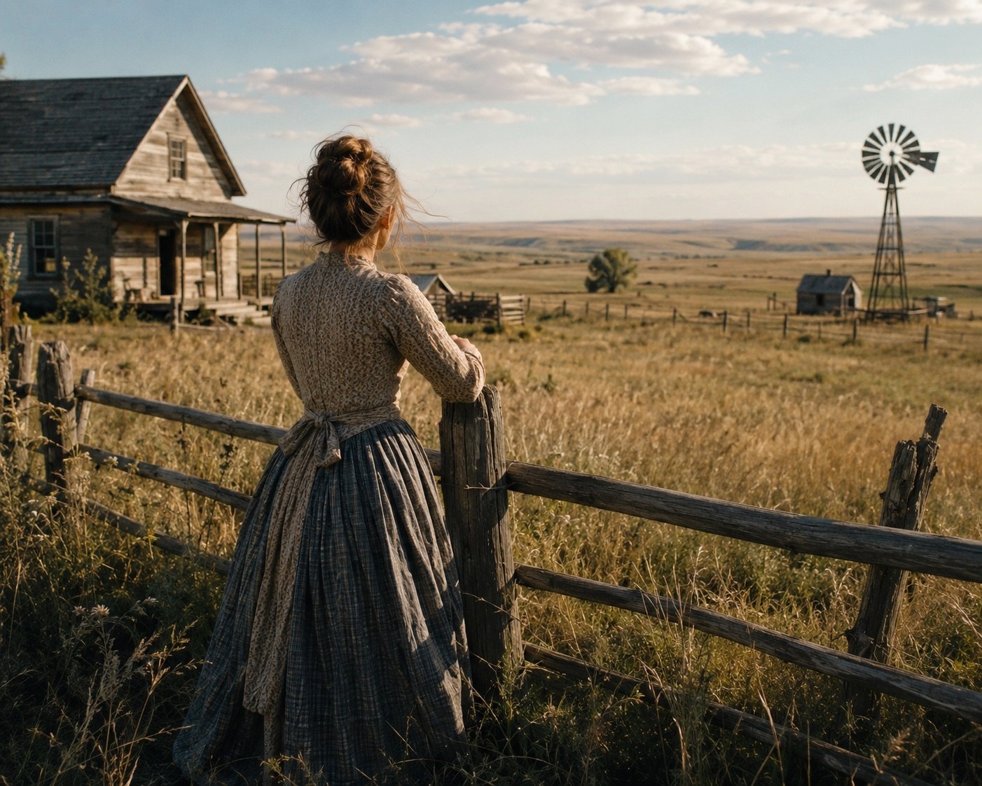A woman standing at a fence looking across an open prairie toward a farmhouse and windmill.