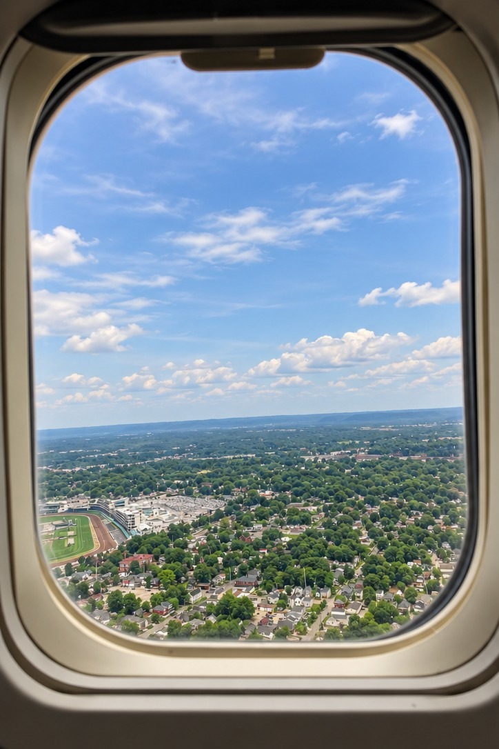 A peaceful view from an airplane window over the landscape below.