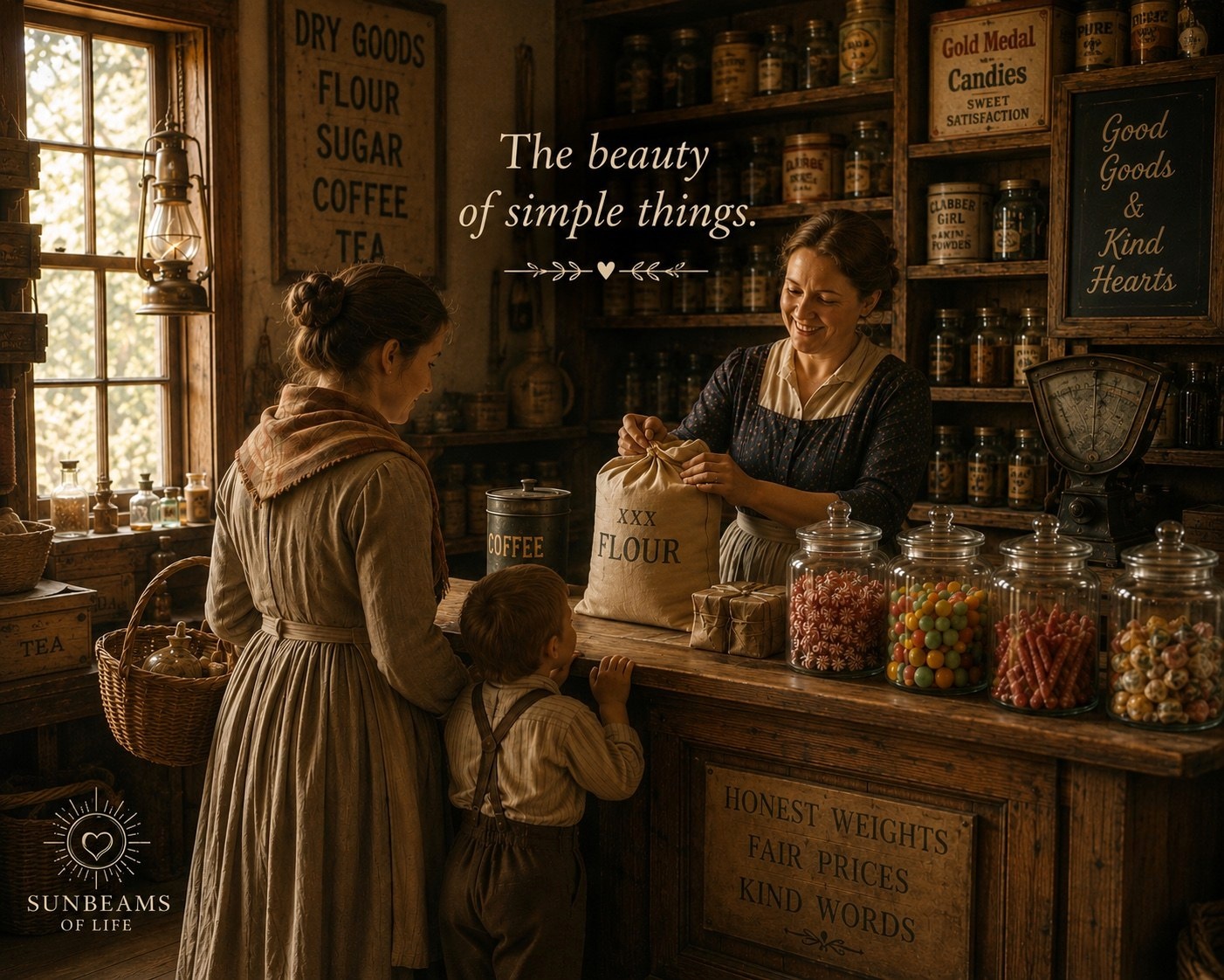 A mother and child in a warm old-fashioned general store