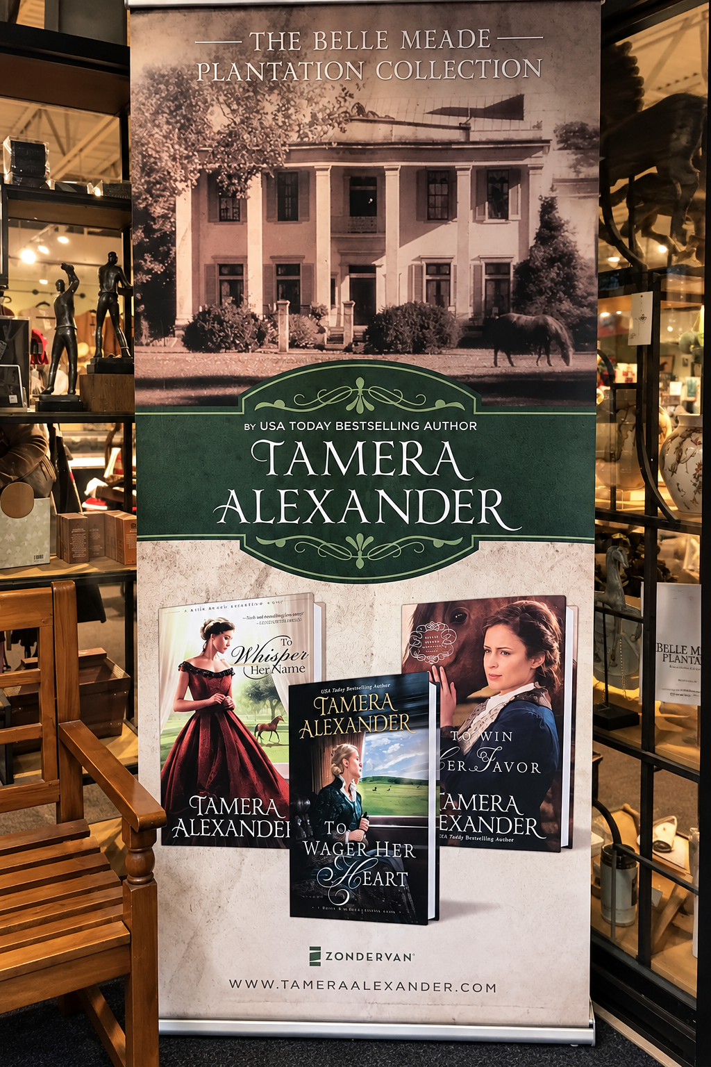 Belle Meade Plantation Collection sign featuring the historic Belle Meade mansion and author Tamera Alexander's Belle Meade novels.