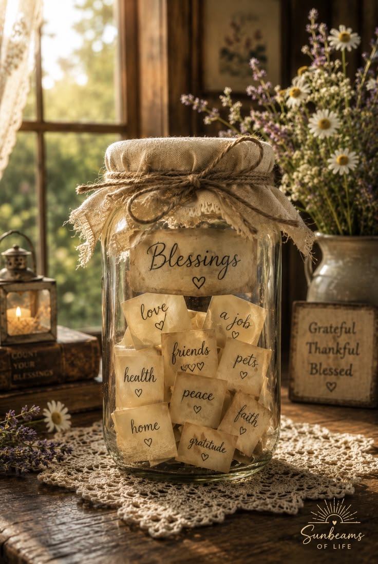 A jar of handwritten blessings including love, health, home, peace, faith, gratitude, friends, pets, and a job.