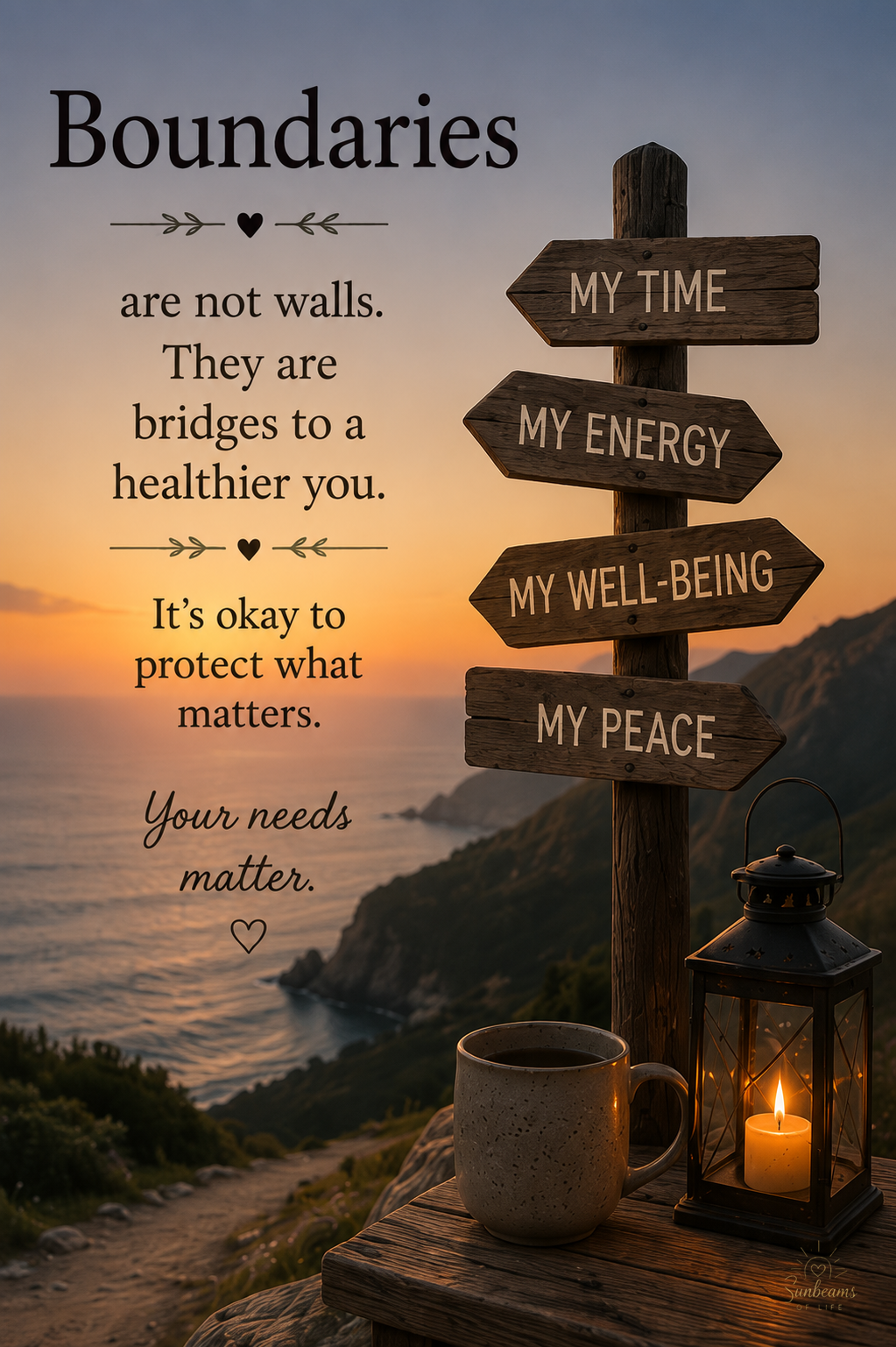 A quiet coastal sunset with wooden signs pointing toward my time, my energy, my well-being, and my peace.