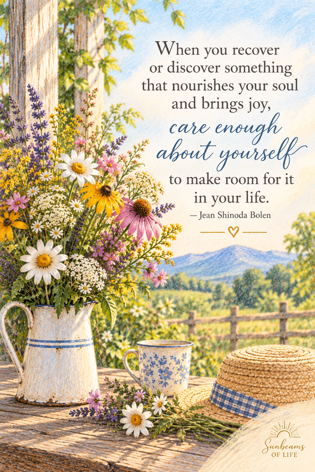 A sunlit country table filled with wildflowers, a cup, a straw hat, and a message about making room for what nourishes you.