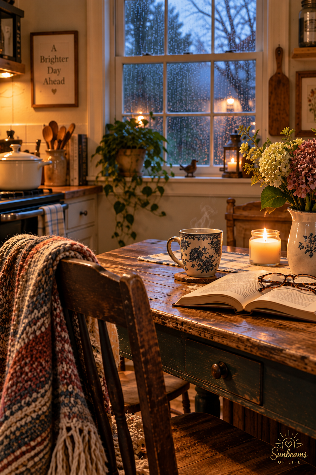 A warm farmhouse kitchen on a rainy evening with a mug, open book, candle, flowers, and a cozy chair by the window.