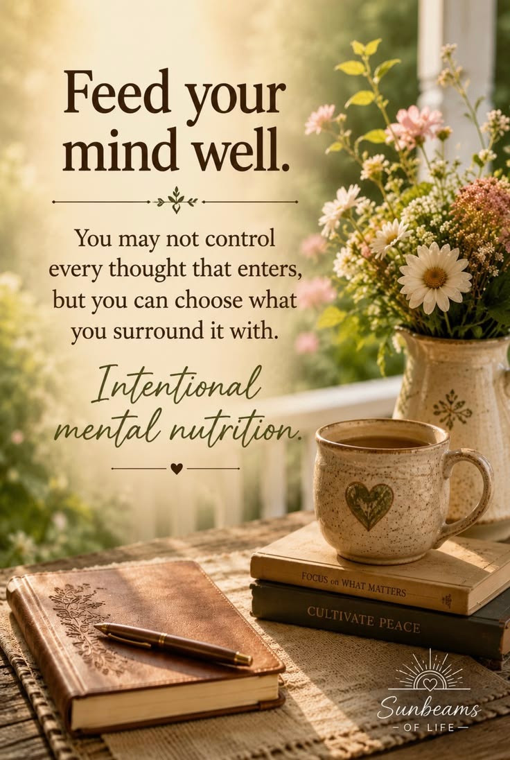 A warm porch table with flowers, a cup of tea, journals, books, and the message Feed your mind well.