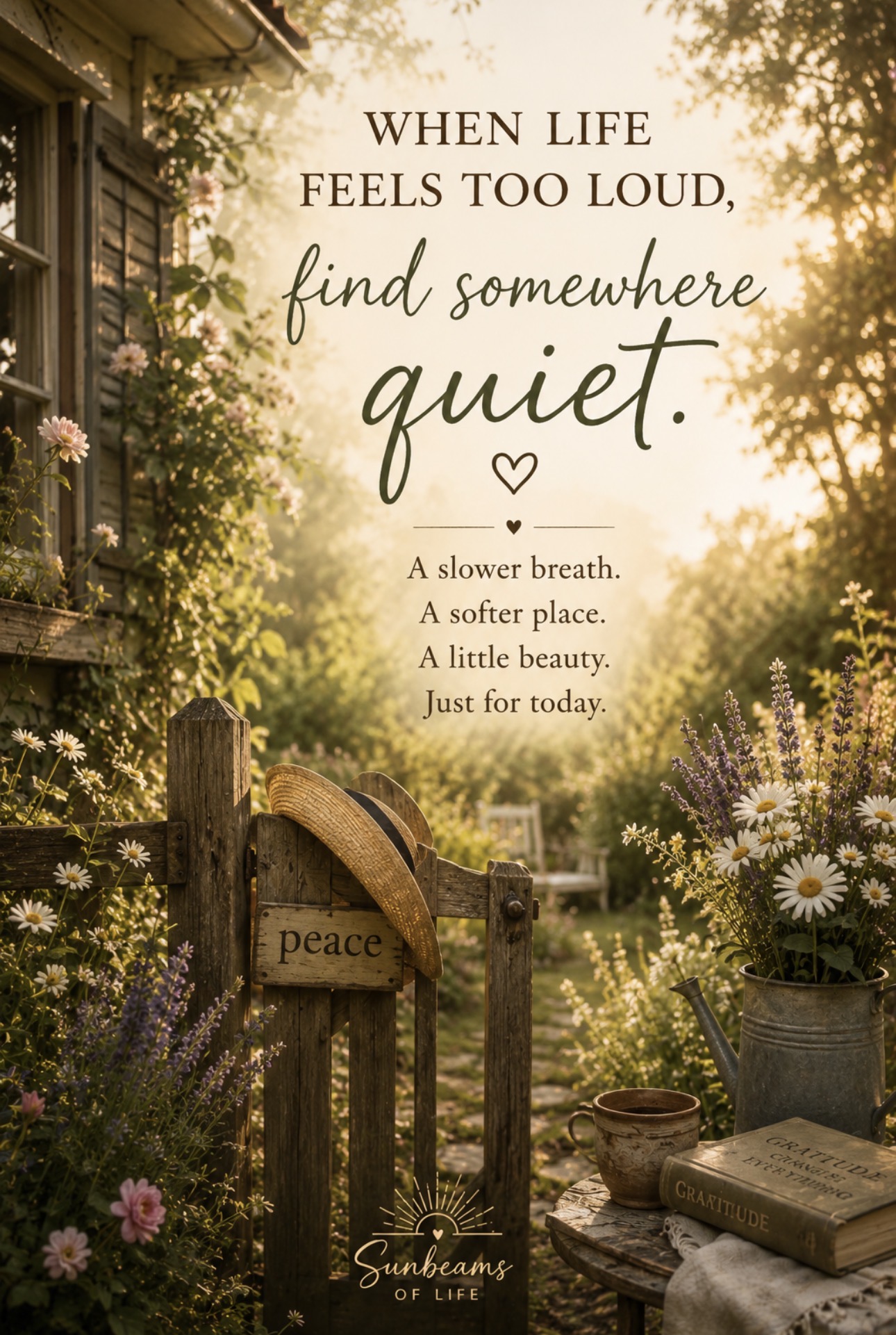 A peaceful garden path with flowers, a gate, and the words When life feels too loud, find somewhere quiet.
