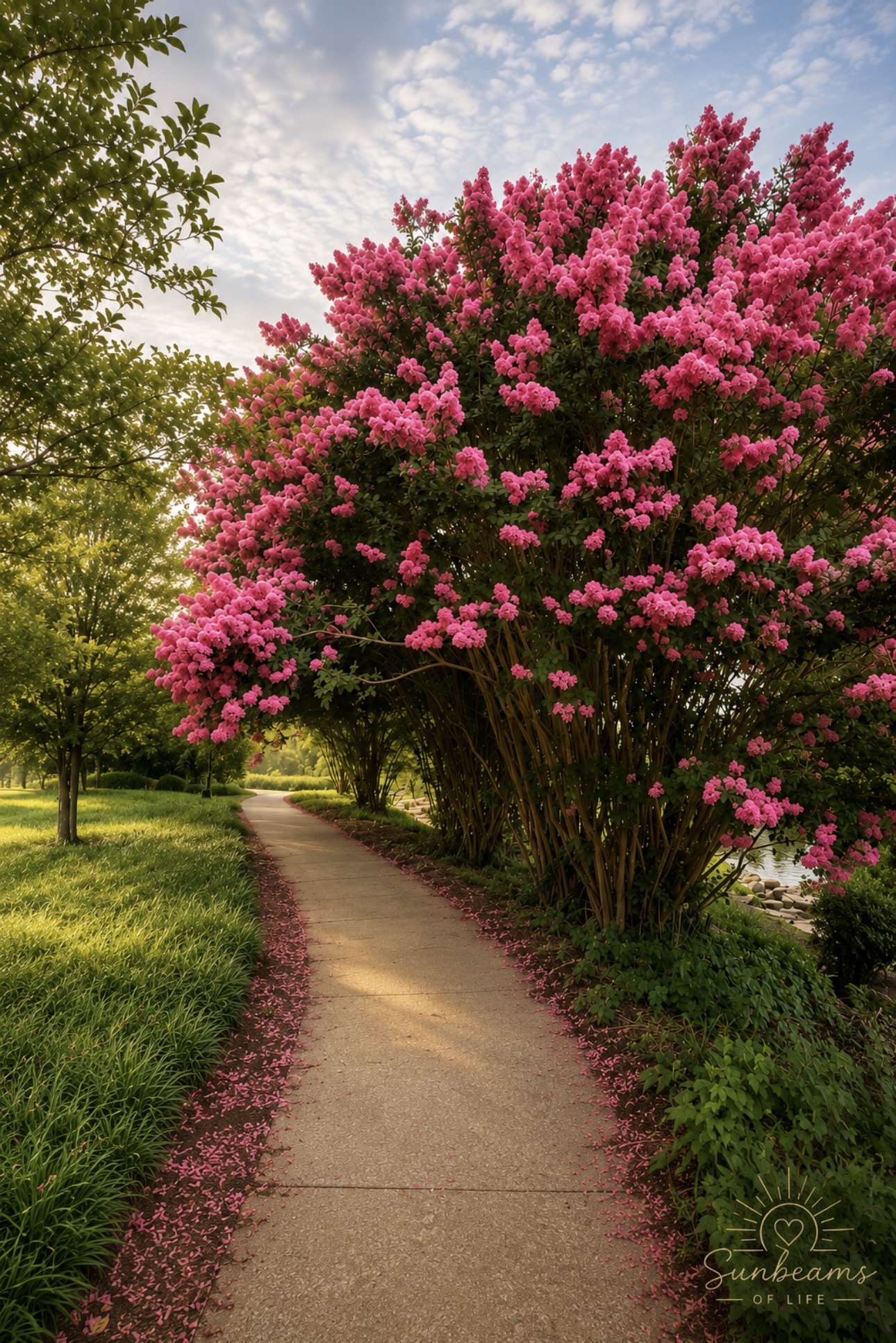 A peaceful Kentucky path beneath brilliant pink flowering trees