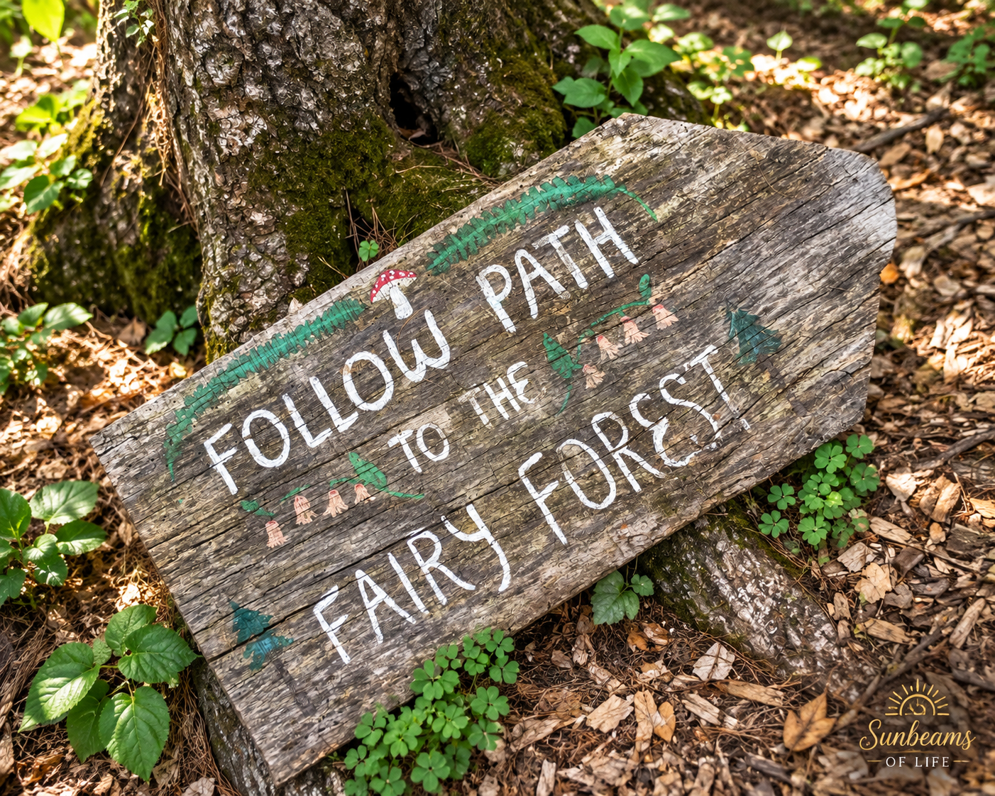 A weathered woodland sign pointing the way to a fairy forest.