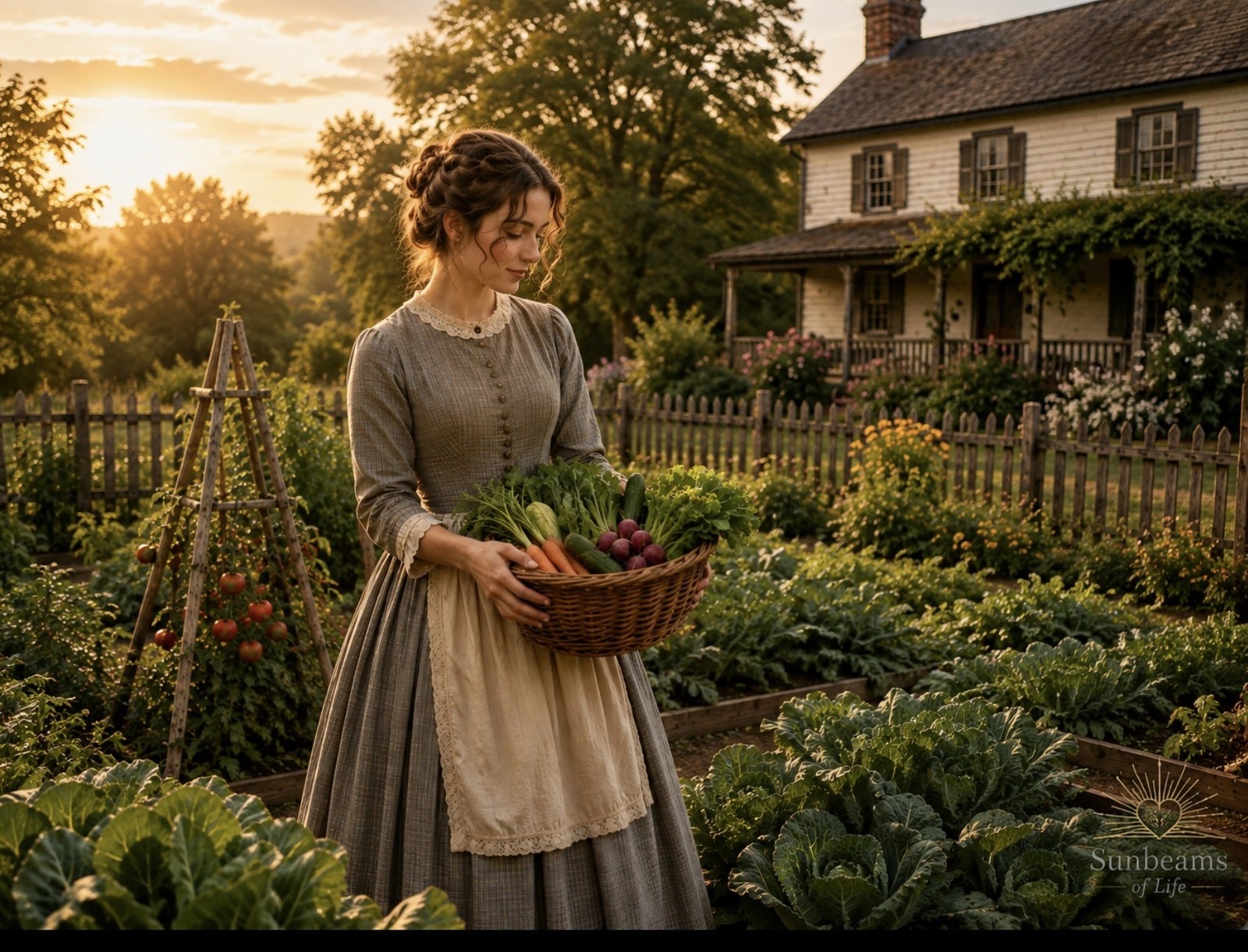 A woman carrying a basket of fresh vegetables through a cottage garden at golden hour.