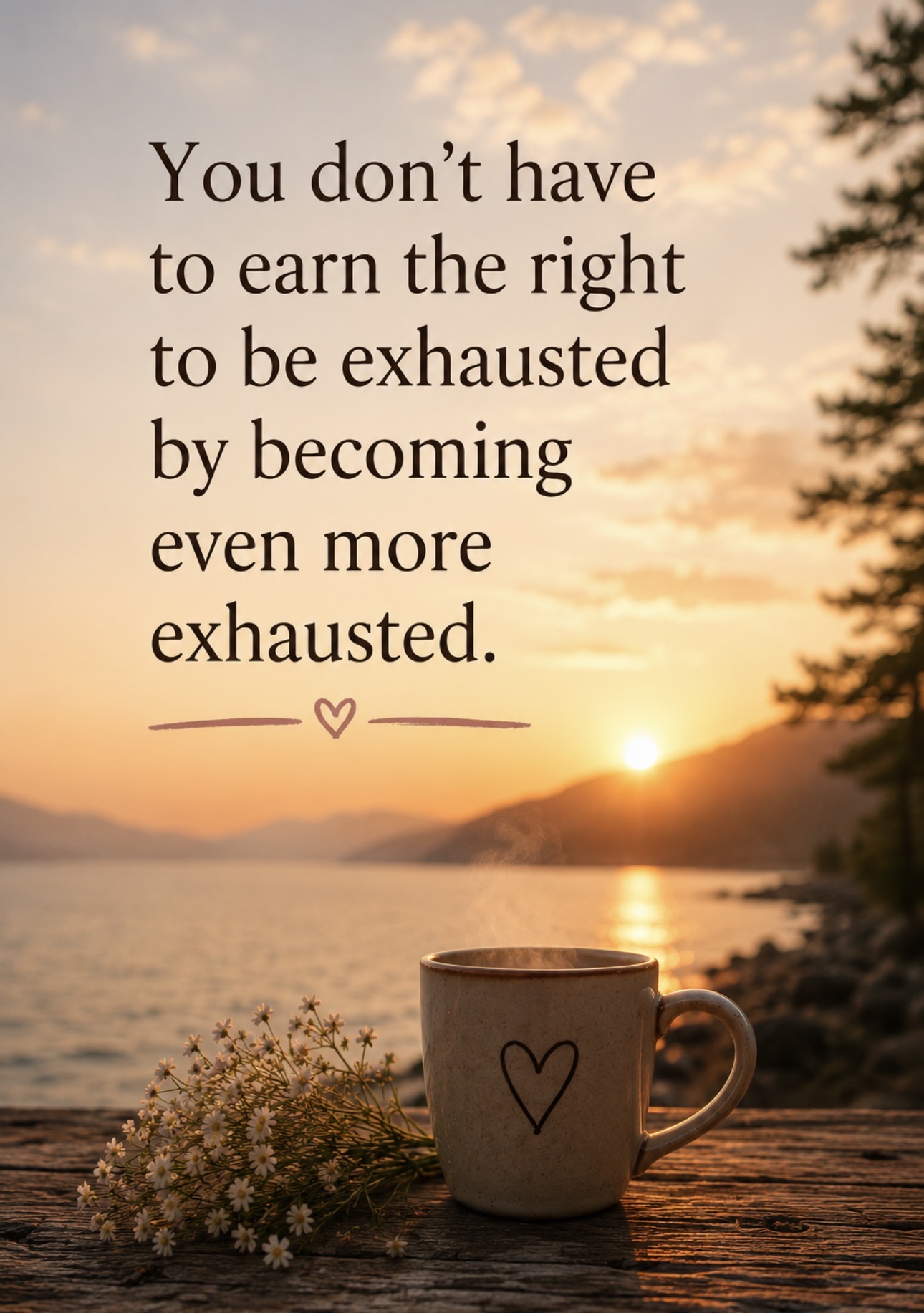 A sunset over a lake with a warm cup and the message You don't have to earn the right to be exhausted by becoming even more exhausted.