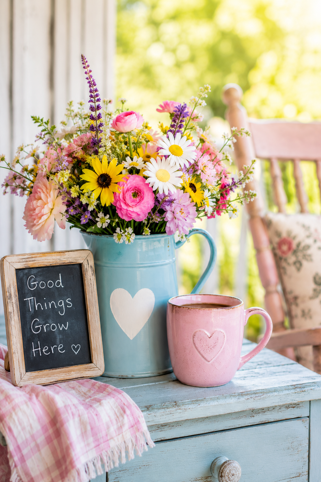 A colorful bouquet in a blue pitcher beside a pink cup on a cottage porch, with the words Good Things Grow Here.