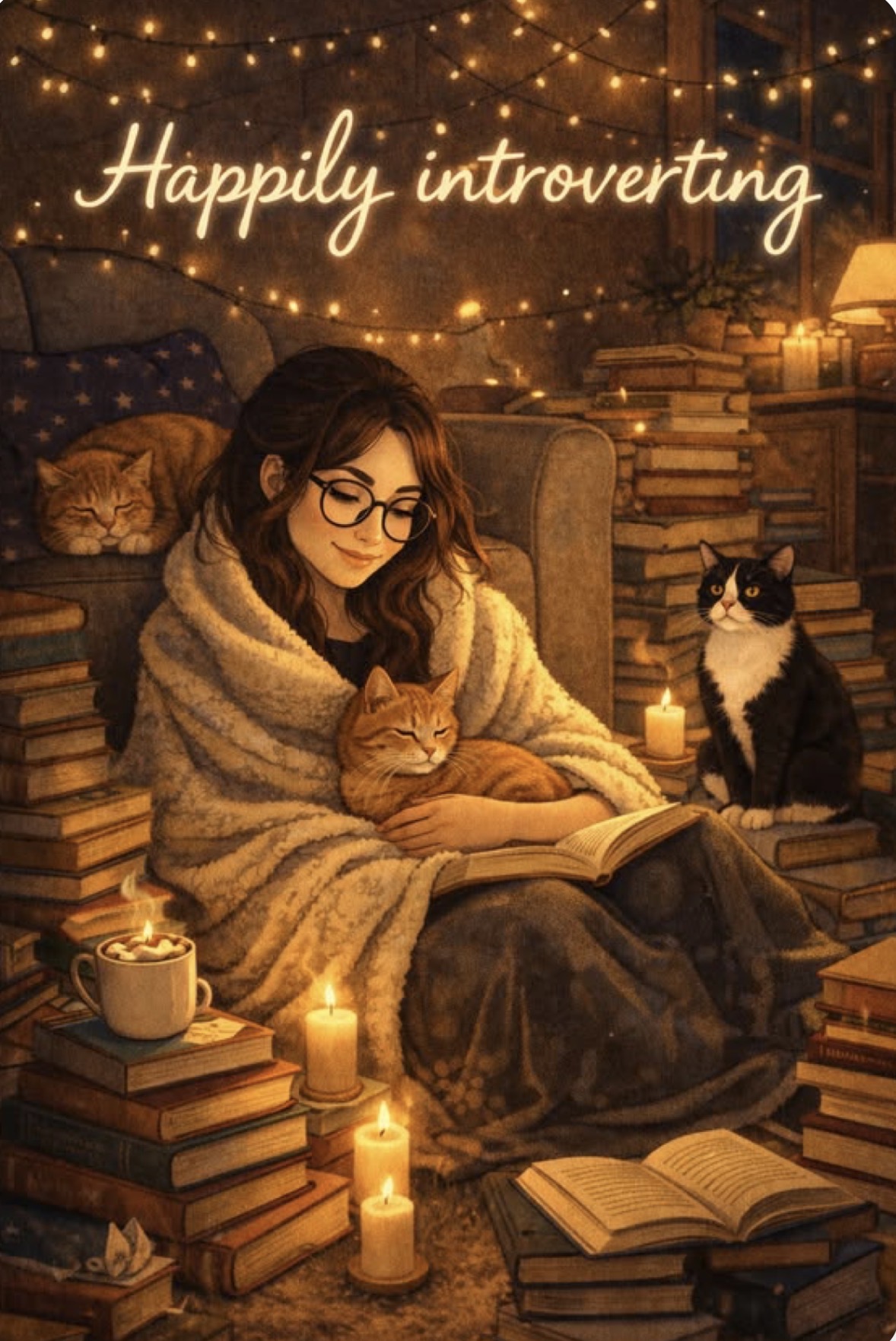 A cozy illustrated woman reading with cats, books, candles, and the words Happily introverting.