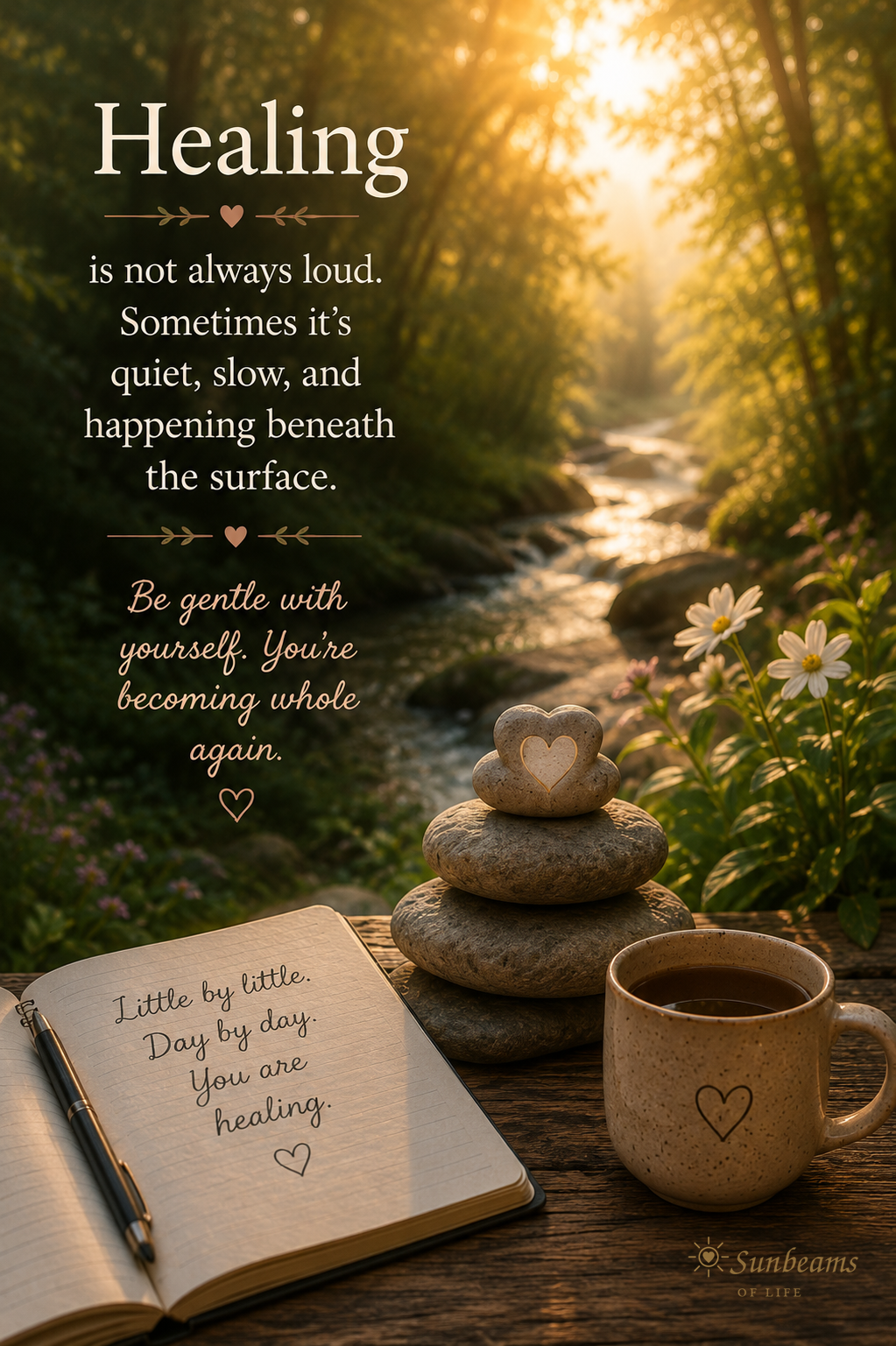 A sunlit forest stream with a journal, heart-shaped stones, and the message Healing is not always loud. Sometimes it is quiet, slow, and happening beneath the surface.