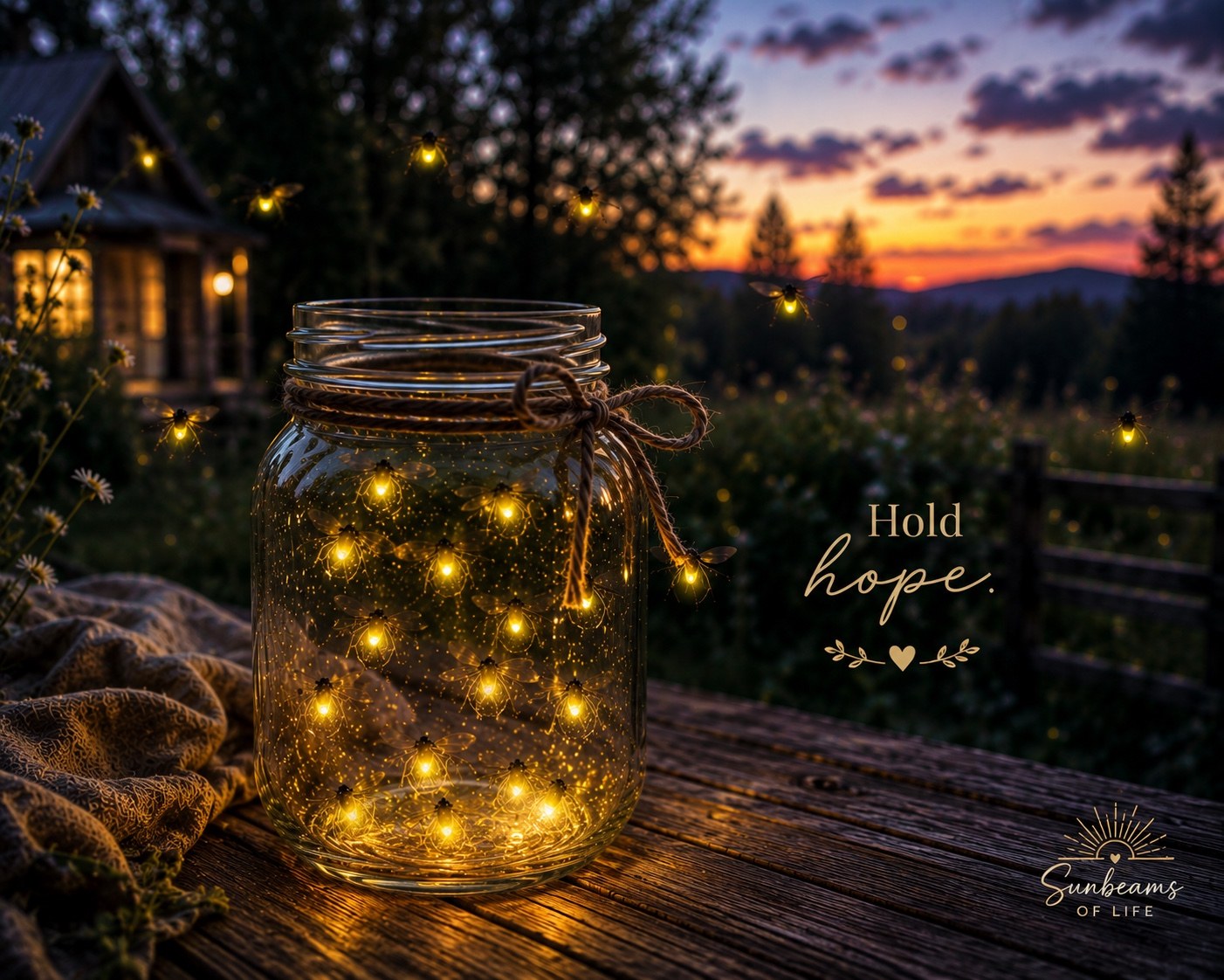 A glowing jar of lights on a porch at dusk with the words Hold hope.