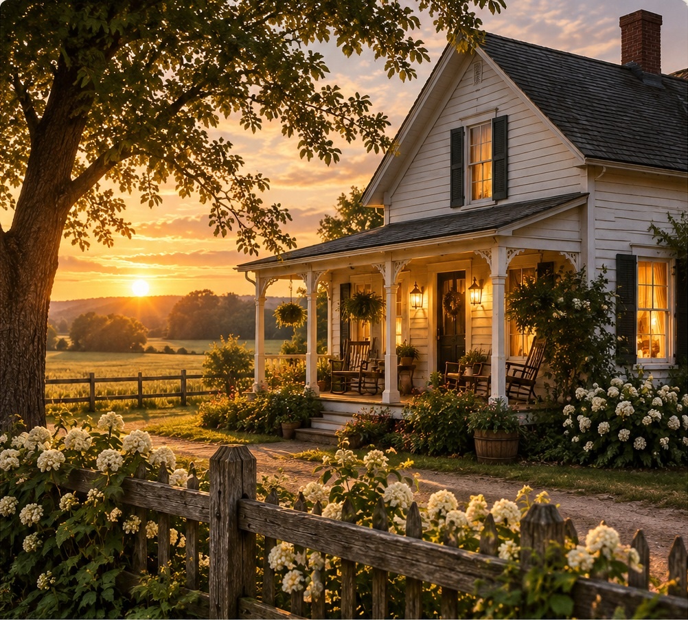 A cozy white nineteenth-century farmhouse glowing at sunset