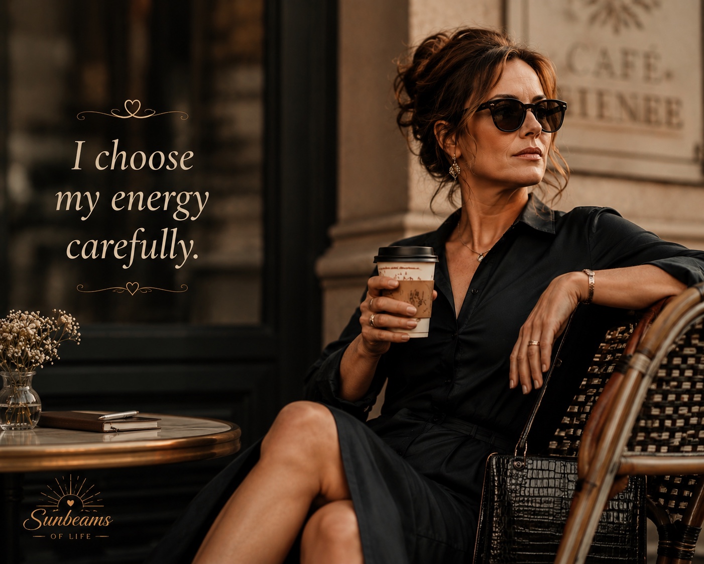 A composed woman sitting quietly with a cup and the message Not Everything Deserves Your Energy.