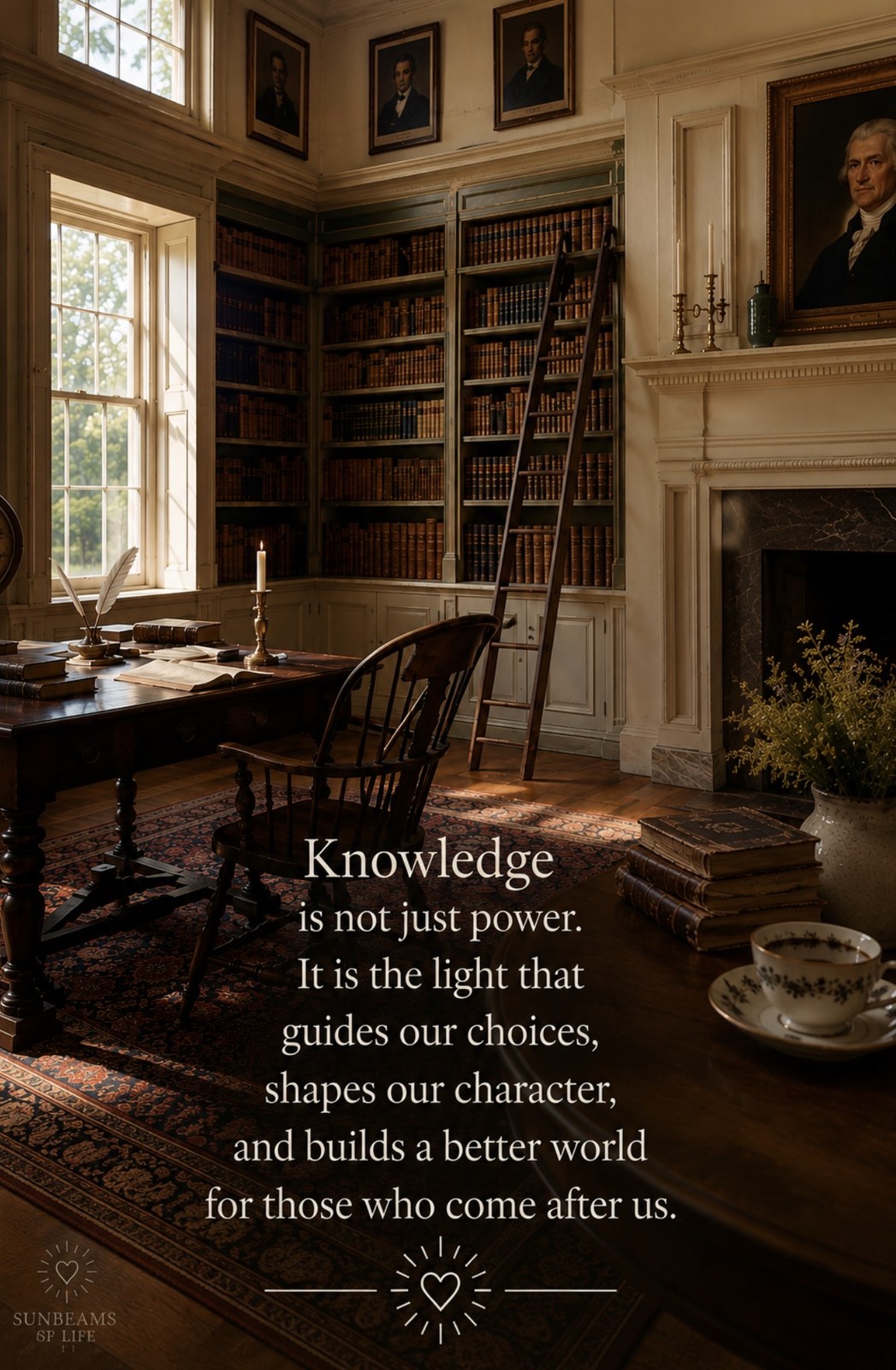 A historic library and study with the words Knowledge is not just power. It is the light that guides our choices, shapes our character, and builds a better world for those who come after us.