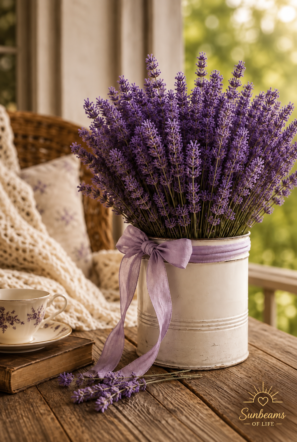 A vintage white container filled with lavender on a sunlit porch beside a floral teacup and old book.