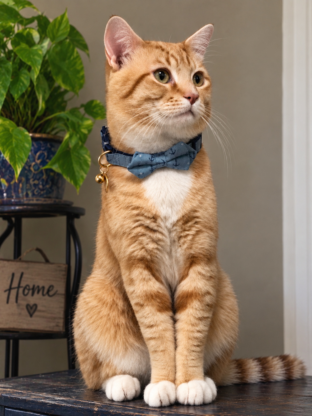 Loki, a ginger tabby cat wearing a blue bow tie, sitting upright at home.