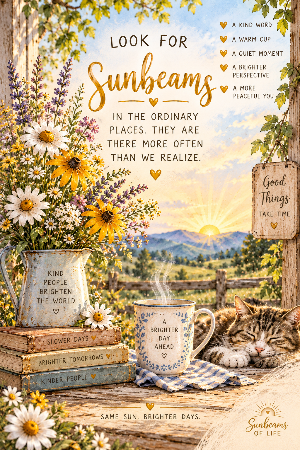 Sunbeams of Life artwork about finding kindness, warmth, quiet moments, and a brighter perspective in ordinary life.