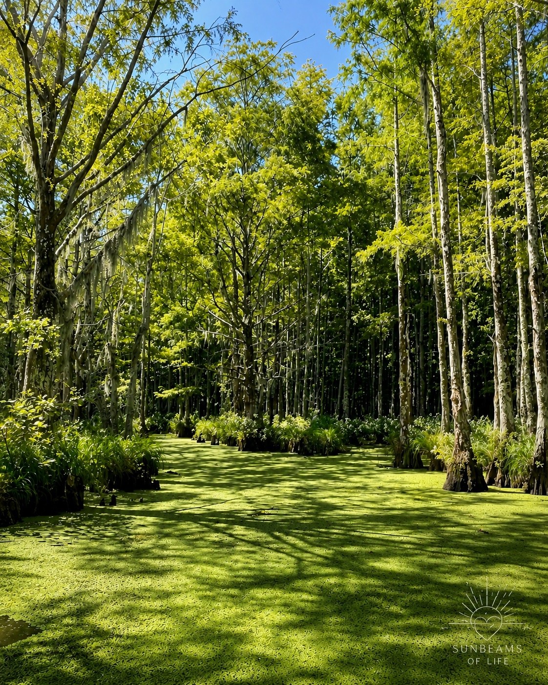 Louisiana swamp waterway lined with cypress trees and lush green vegetation