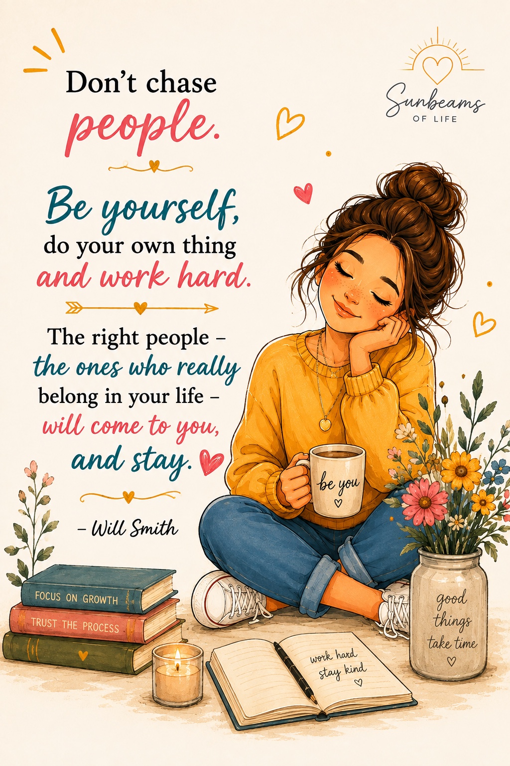 Illustrated woman relaxing with cats, books, flowers, and the message Be yourself, do your own thing and work hard.