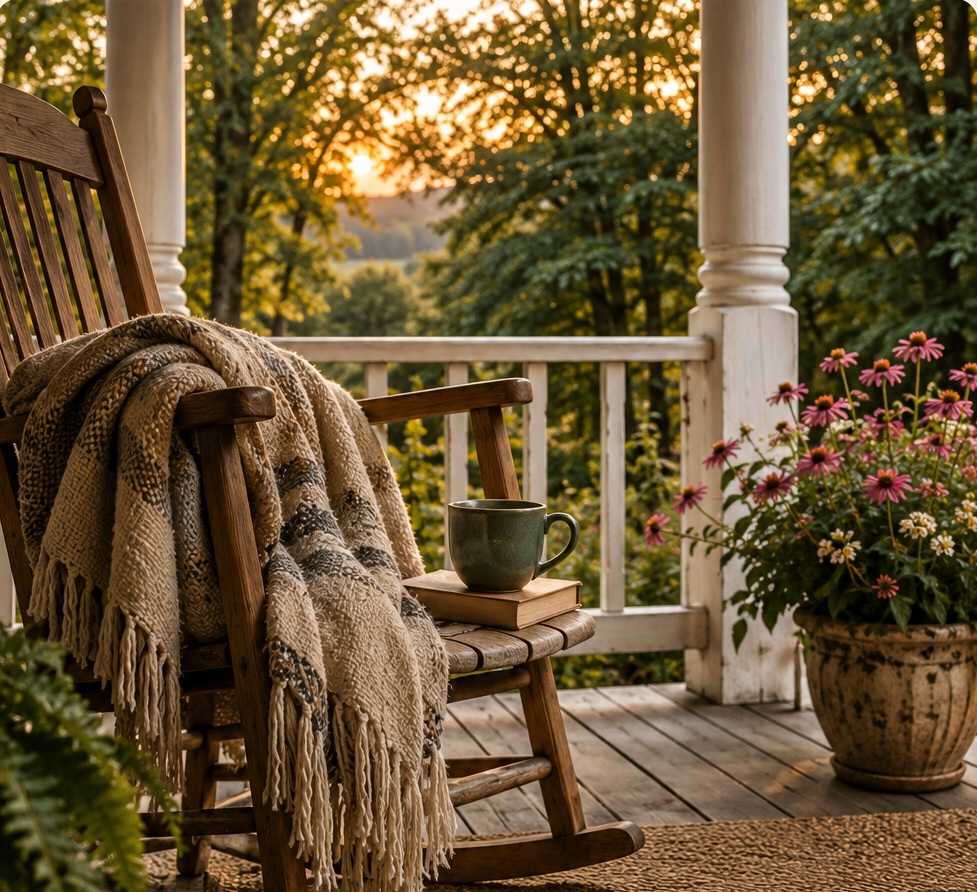 A rocking chair with a blanket, cup, and book on a porch