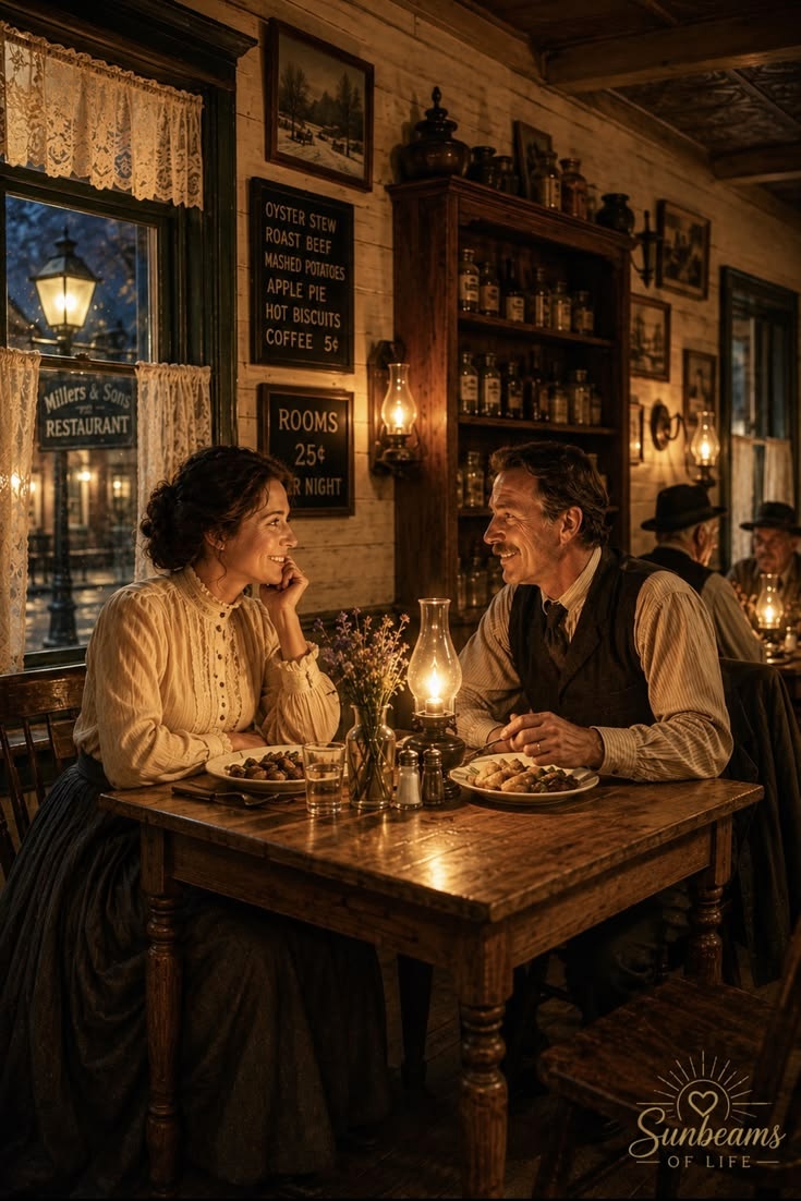 A couple sharing dinner by lamplight in an old-time cafe.