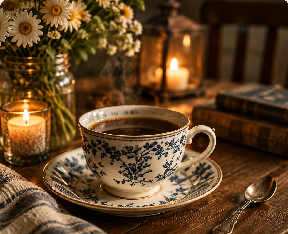 A warm patterned cup beside flowers and a book