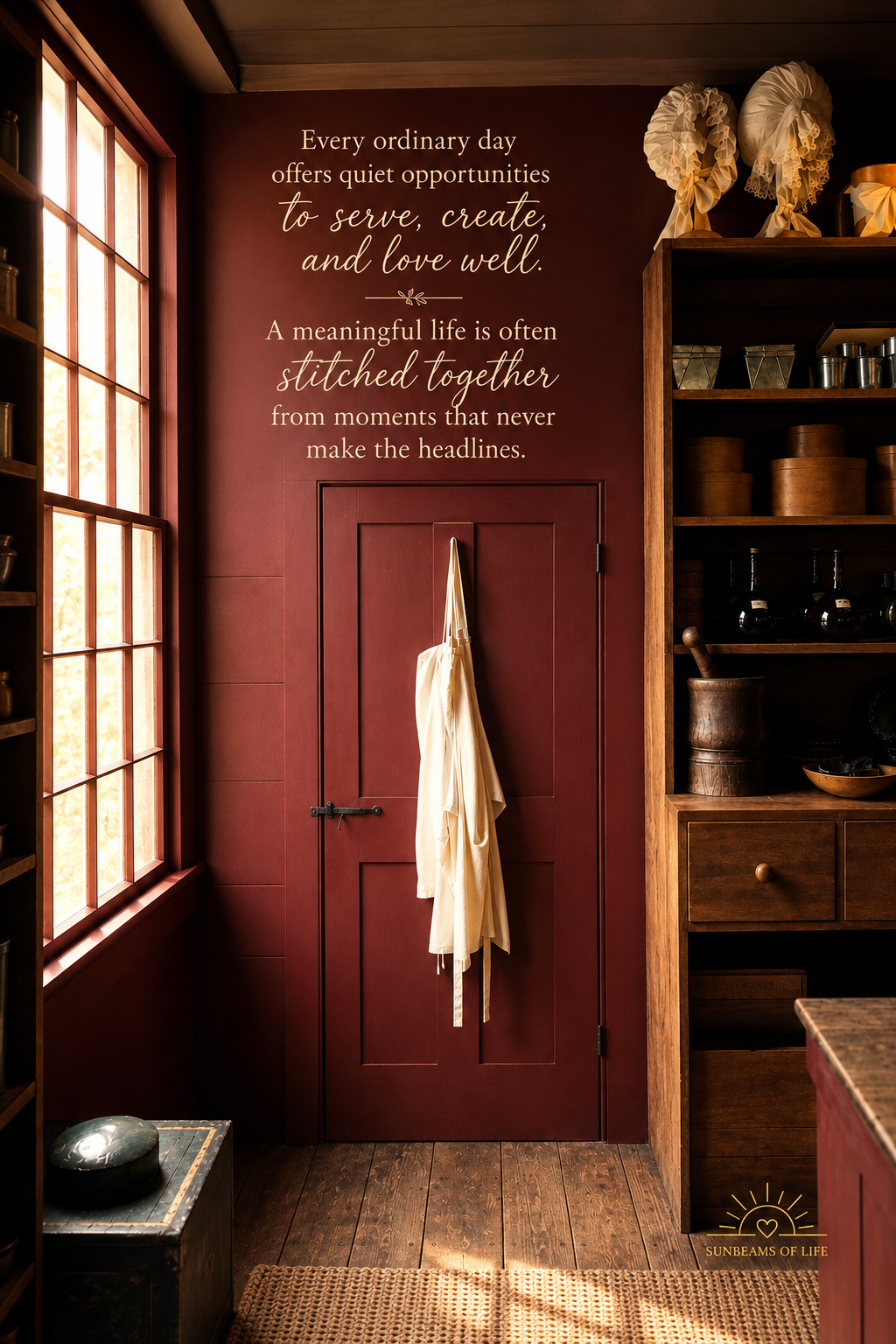A warm vintage kitchen with an apron hanging on a red door and the message Every ordinary day offers quiet opportunities to serve, create, and love well.