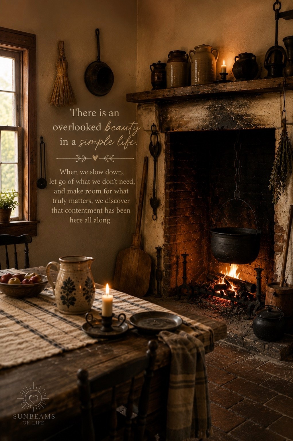 A warm old hearth, candlelight, simple table, and a note about the overlooked beauty in a simple life.