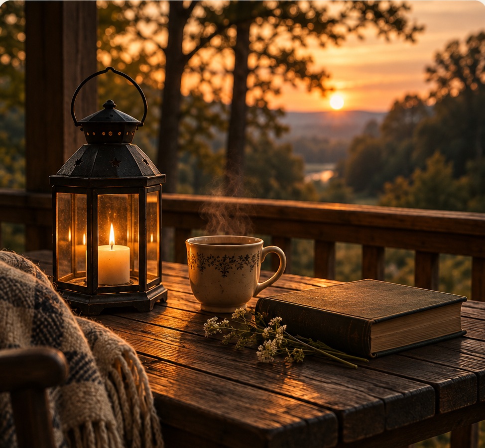 A lantern, warm cup, and book on a porch at sunset