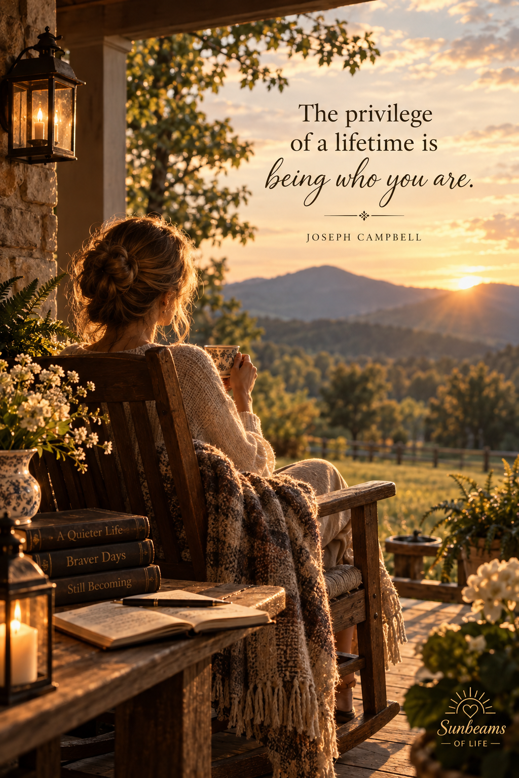 A woman sitting on a quiet porch overlooking the mountains at sunset, with the words The privilege of a lifetime is being who you are.