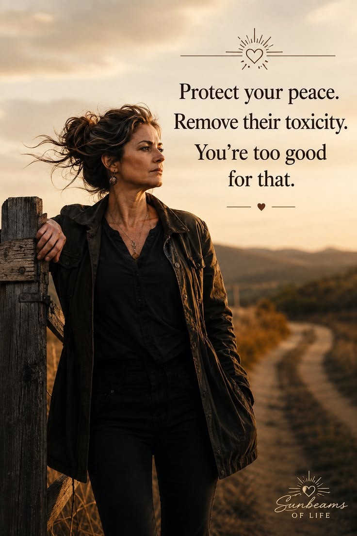 A woman standing at a rural overlook with the message Protect your peace. Remove their toxicity.