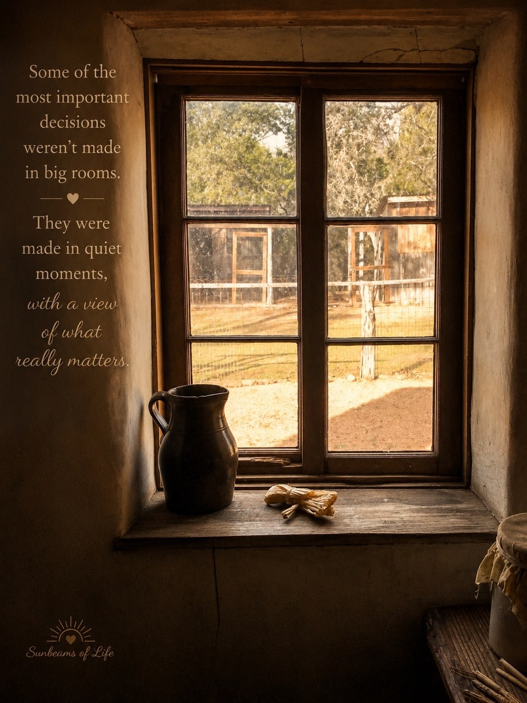 A quiet old window with a pitcher and a message about important decisions being made in quiet moments.