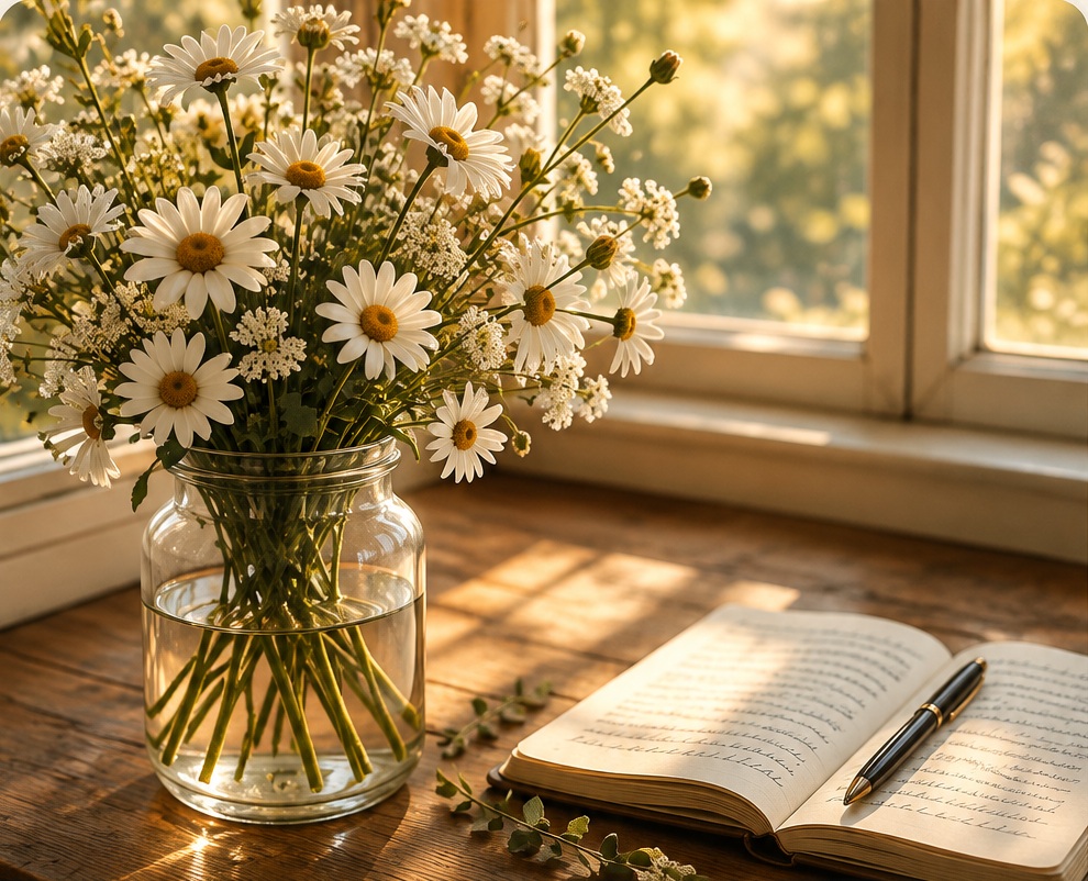 Daisies and an open journal in warm window light