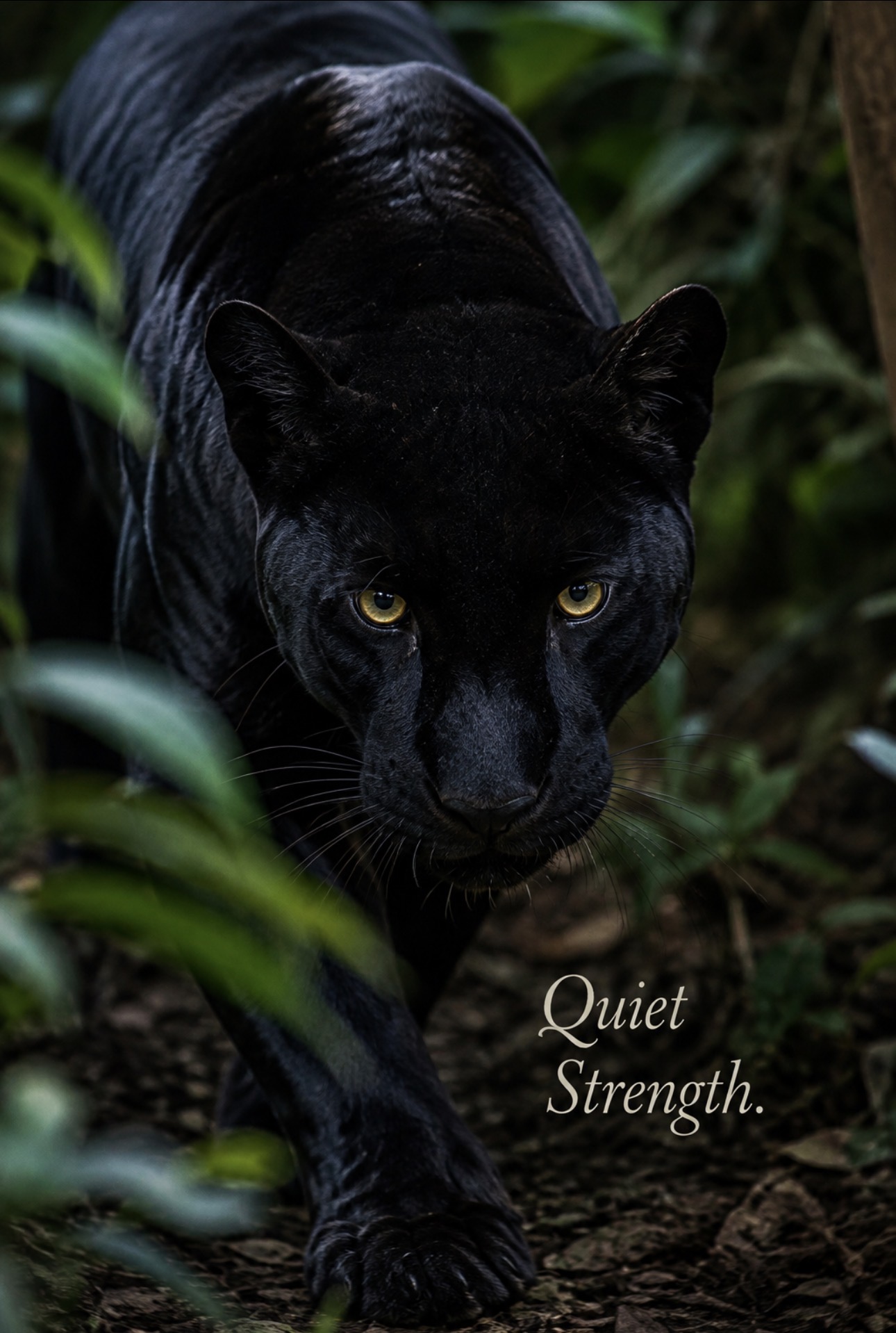 A black panther moving quietly through the jungle with the words Quiet Strength.
