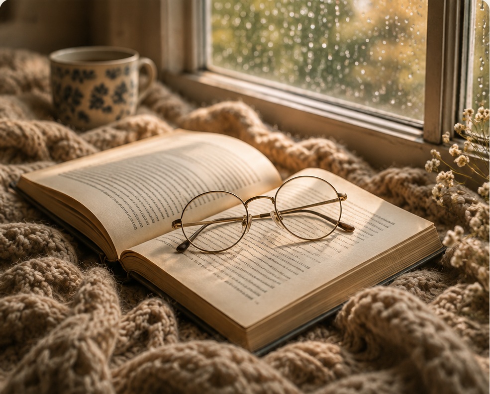 An open book and glasses beside a cozy blanket