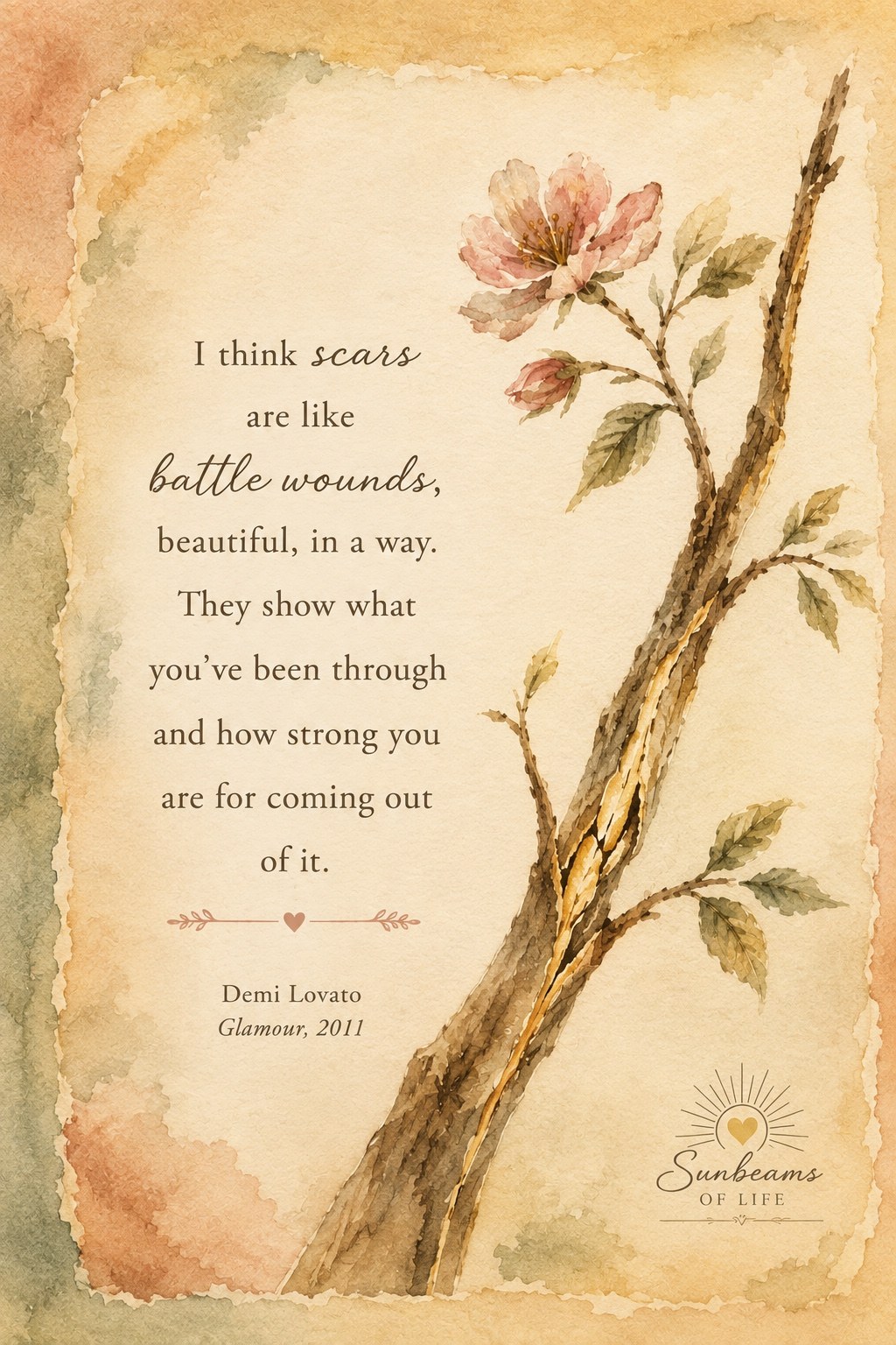 Watercolor flowering branch with a quote about scars being like battle wounds, attributed to Demi Lovato and Glamour, 2011.