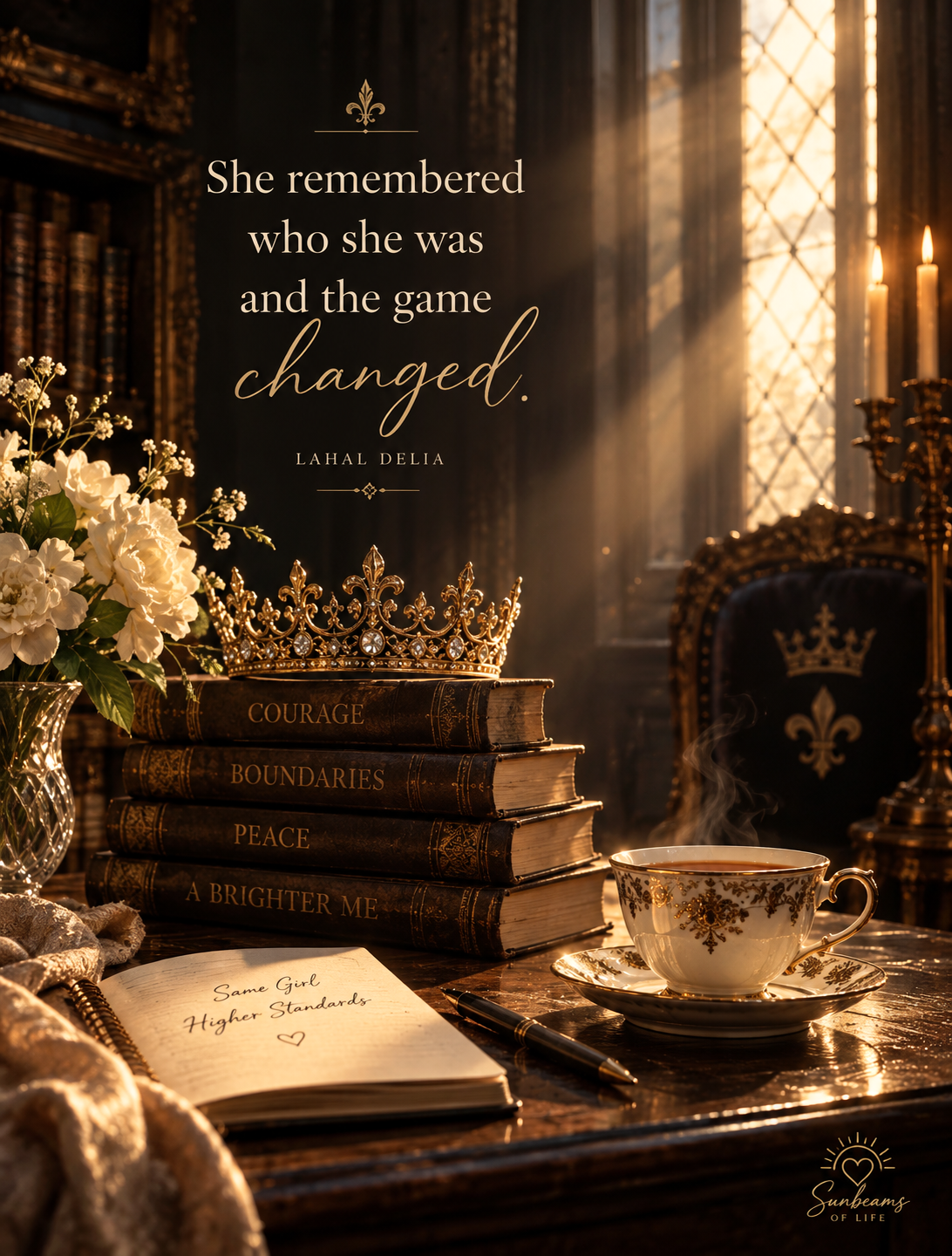Warm candlelit library scene with a crown resting on books about courage, boundaries, peace, and becoming a brighter self.