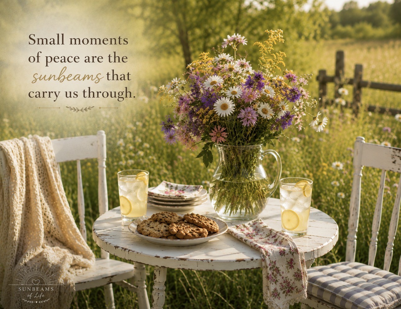 A flower-filled table in a sunlit meadow with the words Small moments of peace are the sunbeams that carry us through.