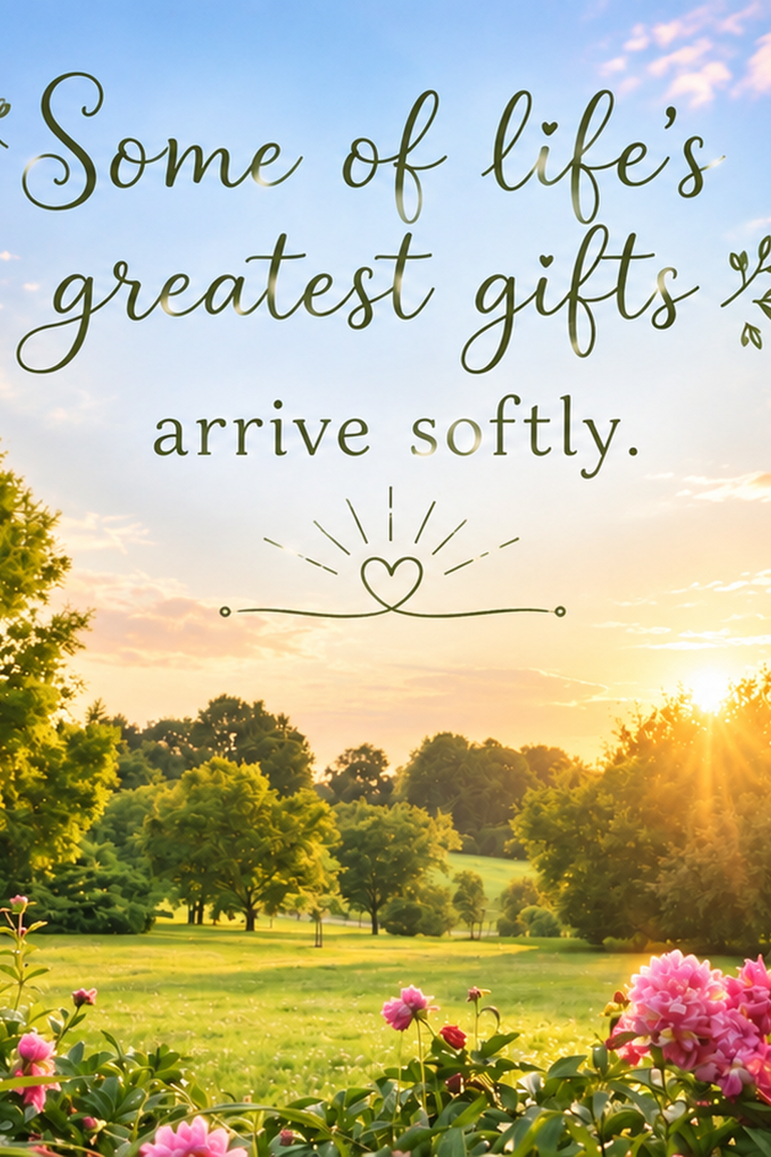 A sunlit meadow with flowers and the words Some of life's greatest gifts arrive softly.