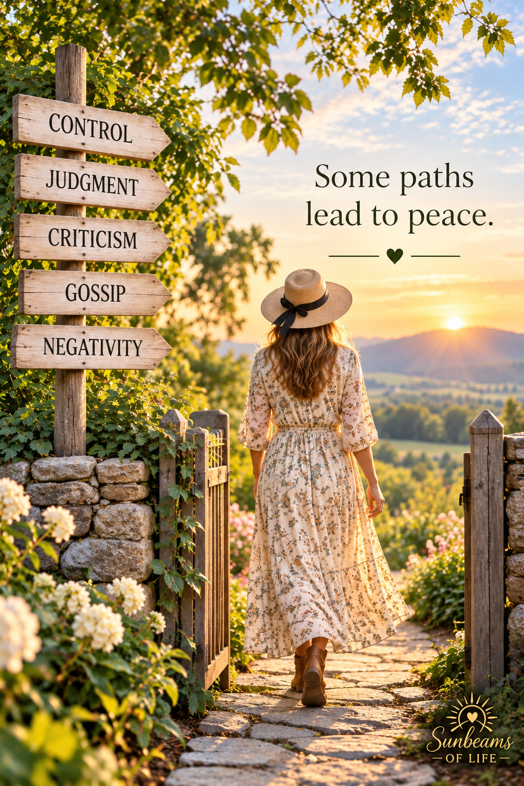 A woman walking through a garden gate toward a sunlit valley, leaving signs marked control, judgment, criticism, gossip, and negativity behind.