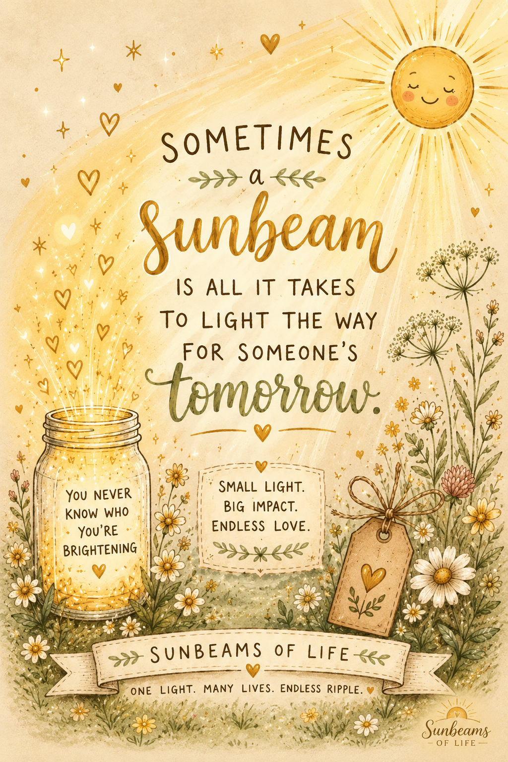 A warm illustrated Sunbeams of Life artwork about bringing light to someone else’s tomorrow.