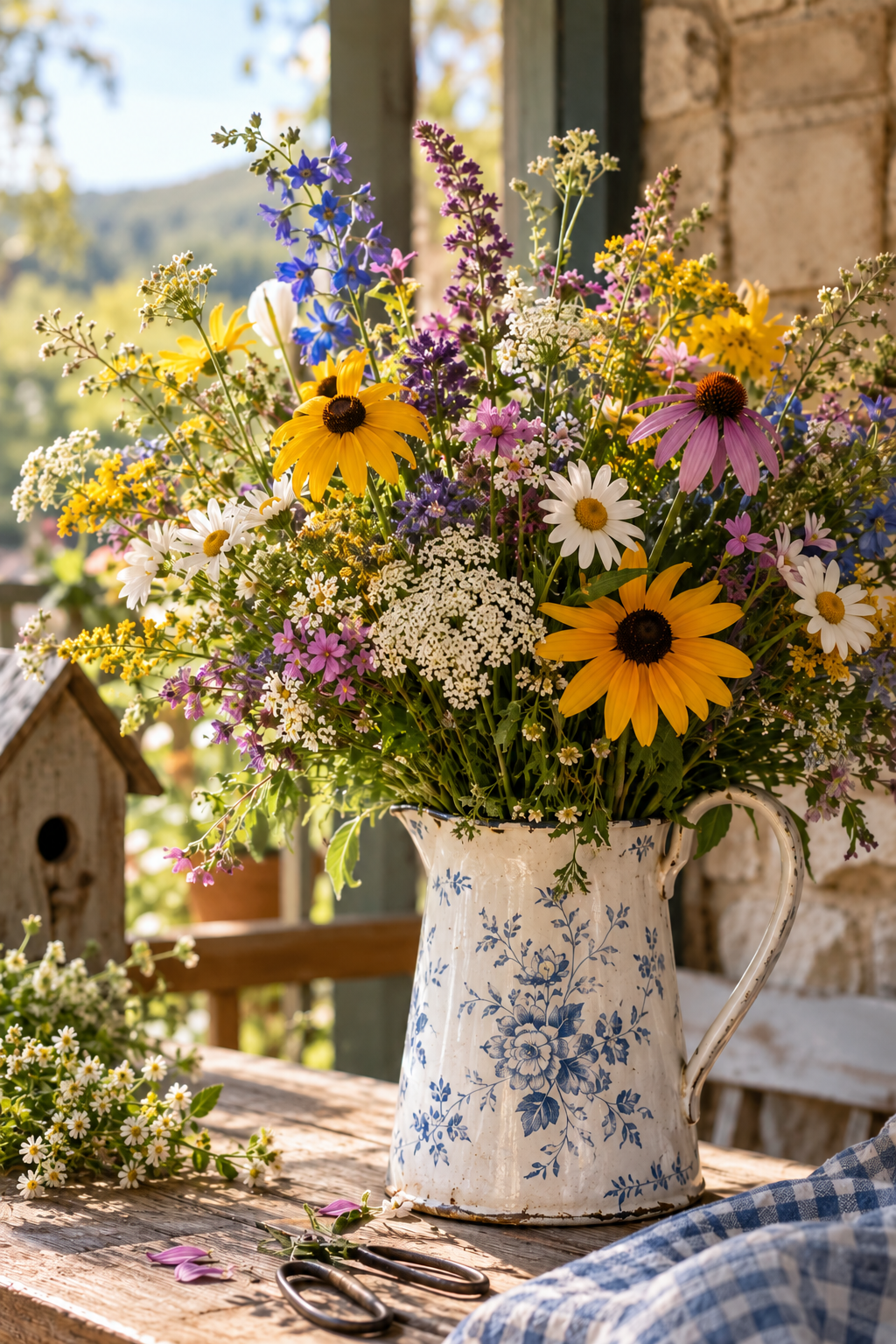 A pitcher filled with colorful wildflowers on a sunlit porch table.