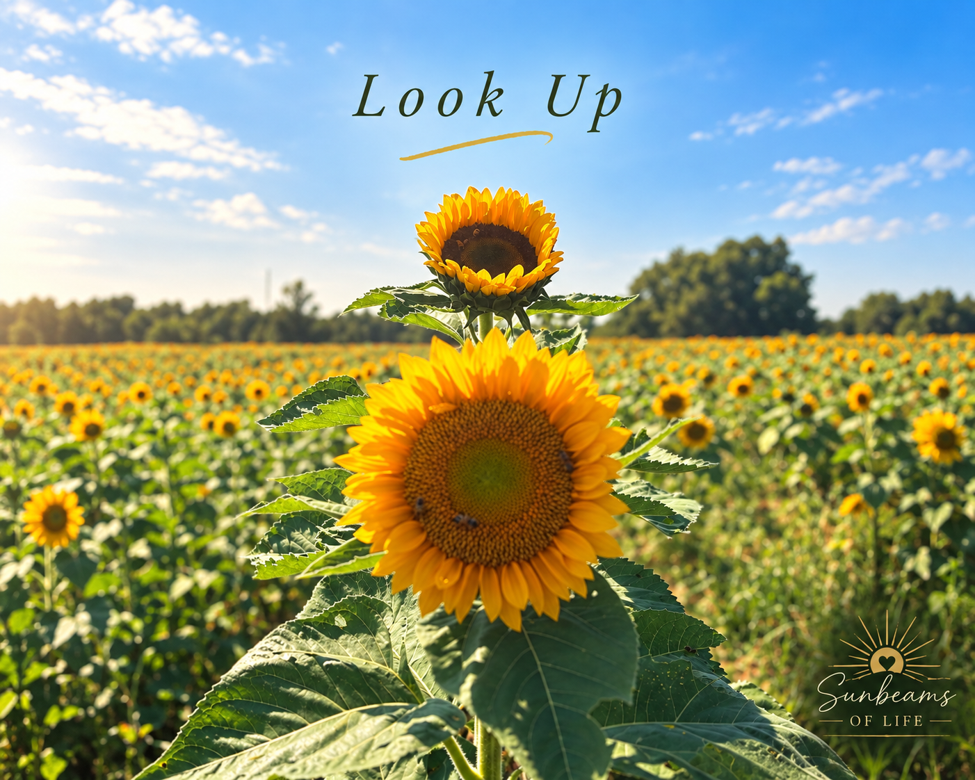 A bright sunflower field beneath a blue sky with the words Look Up.