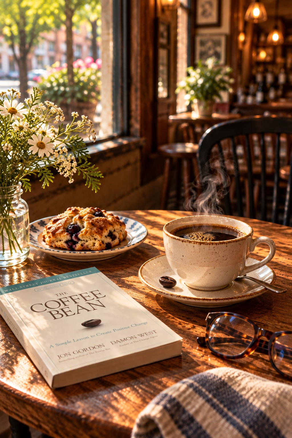 A warm cafe table with a cup of coffee, a blueberry scone, flowers, glasses, and the book The Coffee Bean.